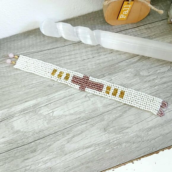 Beaded Herringbone Cross Rose Quartz Gemstone Bracelet 8 - Picture 4 of 5